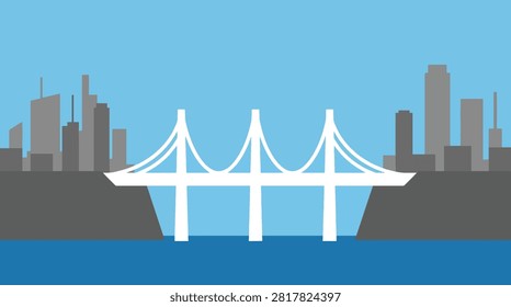 Cable stayed bridge spanning over a river near an urban city skyline