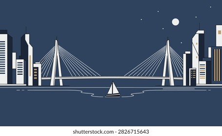 Cable stayed bridge stretching across a harbor under a moonlit night sky with a sailboat and distant illuminated city skyline.