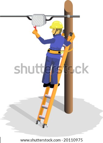 A Cable Television Maintenance Technician, testing an amplifier, climbed onto a ladder made of fibre and aluminum, supported on a pole: He is wearing safety helmet, belt and dielectric gloves.