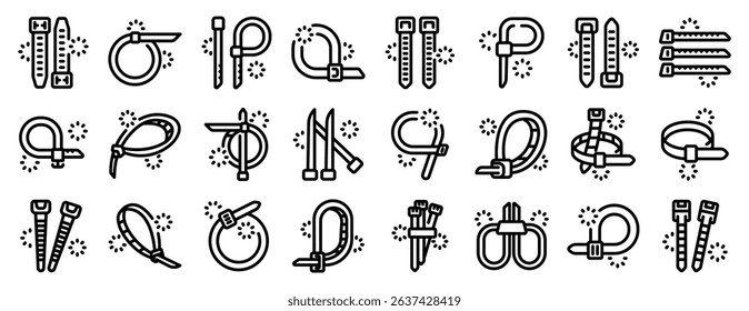  Cable ties icons set. Collection of cable ties showcasing various uses and positions, ideal for representing fastening, bundling, and securing items