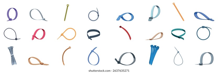 Cable ties icons set. Set of colorful cable ties are displayed, showcasing their utility in bundling and organizing wires and cables