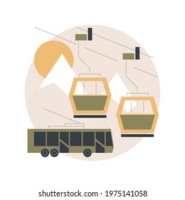 Cable transport abstract concept vector illustration. Cable ways, transport modes, ev electric car bus, old funicular, trolleybus, carrying tourists, ski slopes, close up cabine abstract metaphor.