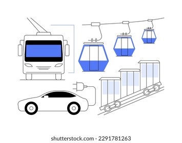 Cable transport abstract concept vector illustration. Cable ways, transport modes, ev electric car bus, old funicular, trolleybus, carrying tourists, ski slopes, close up cabine abstract metaphor.