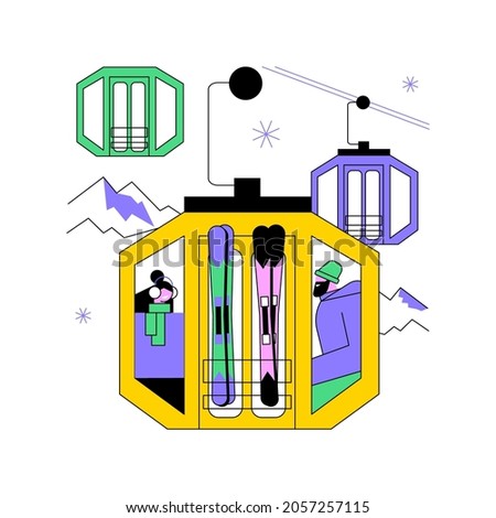 Cable transport abstract concept vector illustration. Cable ways, transport modes, ev electric car bus, old funicular, trolleybus, carrying tourists, ski slopes, close up cabine abstract metaphor.