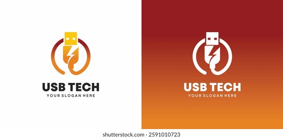 Cable usb plug logo design in circle with electricity icon. Universal serial bus vector cable