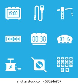 cable vector icons. Set of 9 cable filled icons such as construction crane, wire, digital clock, dynamite