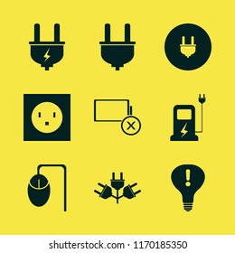 cable vector icons set. with empty battery, plug, car charger and attention sign bulb in set