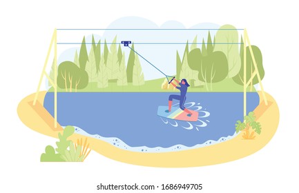 Cable Wakeboarding in Natural Pond, Extreme Sport. On Two Bank there Mount with Cable. Girl Roll on Board, Moving with Cable. Her Leg in Special Mount, Water Splashing around Sport Equipment.