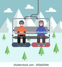 Cable way at the ski resort with people, snowy mountains and woods on background