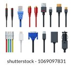 Cable wire computer video, audio, usb, hdmi, network and electric conectors and plugs vector set isolated. Socket and wire, connector usb and audio. Vector illustration