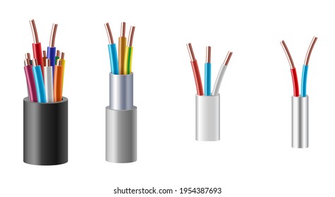 Alambre de cable, electricidad, fibra o cobre en corte, conjunto realista. Estructura de cables y conductores ópticos de aislamiento, internet y cable coaxial. 3.ª ilustración vectorial