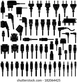 Cable wire and electric plug collection - vector silhouette illustration 