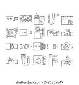 Cable Wire Electrical System Icons Set Vector. Optic And Internet Cable Wire, Fire Resistance And Audio, Aluminum And Copper Line. Low, Medium And High Voltage Cord Black Contour Illustrations