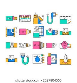 Cable Wire Electrical System Icons Set Vector. Optic And Internet Cable Wire, Fire Resistance And Audio, Aluminum And Copper Line. Low, Medium And High Voltage Cord color Contour Illustrations