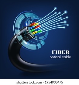 Cable or wire with glowing optical fibers 3d vector of future technology, speed internet connection, network communication, telecommunication. Realistic blue neon fibres and futuristic HUD interface