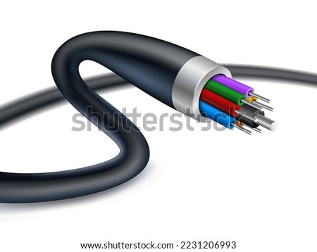 Cable wire reel isolated on white background. Detail of electronic wires with shallow depth of field view. Realistic Vector illustration file.