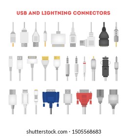 Cable wire set. Collection of audio and video connector. Computer technology. solated vector illustration in flat style