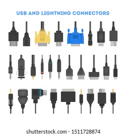 Cable wire set. Collection of audio and video connector. Computer technology. solated vector illustration in flat style