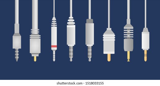 Cable wire set. Collection of audio and video connector. Computer technology. Isolated vector illustration in flat style