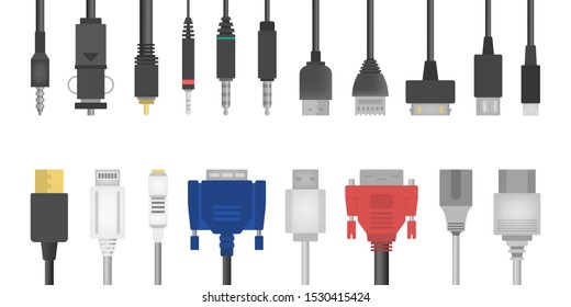 Cable wire set. Collection of audio and video connector. Computer technology. Isolated vector illustration in flat style