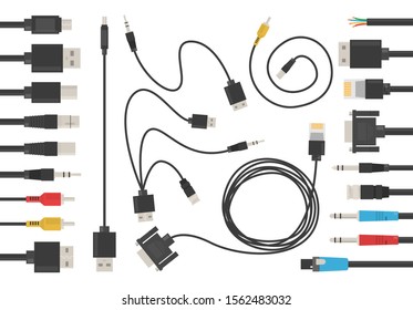 Cable wire set vector isolated. USB for computer, connection device. HDMI port. Connector, power technology. Video and audio port.