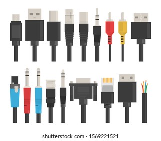 Cable wire set vector isolated. USB for computer, connection device. HDMI port. Connector, power technology. Video and audio port.