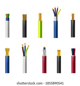 Cable wires in cut, vector isolated set of electric, fiber or copper power cables structure. Cable wires inner color cords and insulation, optic, internet and coaxial cable conductors elements