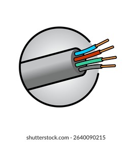 Cable wires logo in a round backdrop. Electrical theme badge design with four colored copper wires