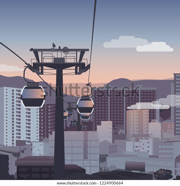 cablecar\
cable railway illustration cabin over city early morning Bolivian\
transportation system sky landscape cold\
tones