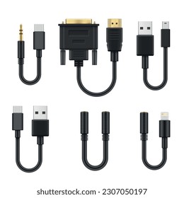 Cables adapters black flexible wires with usb different types connectors electronic chargers set realistic vector illustration. Curved hardware link flexible device media technology port communication