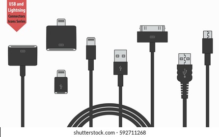 cables and adapters isolated on white background. vector universal serial bus 3d icons design Black. computer peripherals connector or smartphone recharge supply. set of usb and lightning interfaces