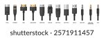 Cables and computer ports different types. Vector isolated set of realistic adapters. Displayport and type C, USB and mini jack headphones or microphone, DCIN and HDMI for connecting monitor