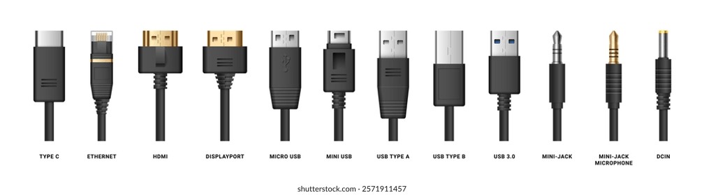 Cables and computer ports different types. Vector isolated set of realistic adapters. Displayport and type C, USB and mini jack headphones or microphone, DCIN and HDMI for connecting monitor