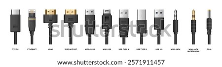 Cables and computer ports different types. Vector isolated set of realistic adapters. Displayport and type C, USB and mini jack headphones or microphone, DCIN and HDMI for connecting monitor