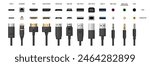 Cables and computer ports types, electronic device input cable cords. Vector realistic type c and mini USB, ethernet and HDMI for monitor, DisplayPort and mini-jack microphone, dc in technology