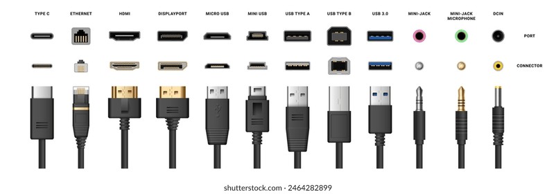 Cables and computer ports types, electronic device input cable cords. Vector realistic type c and mini USB, ethernet and HDMI for monitor, DisplayPort and mini-jack microphone, dc in technology