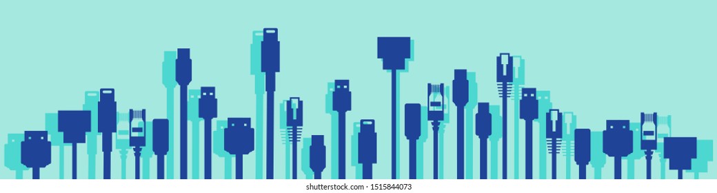 Cables with different plugs like HDMI, USB, ethernet for technology concept vector