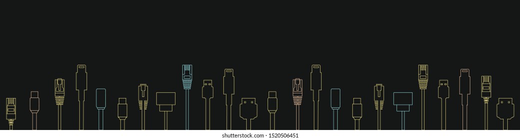 Cables with different plugs like HDMI, USB, ethernet for technology concept