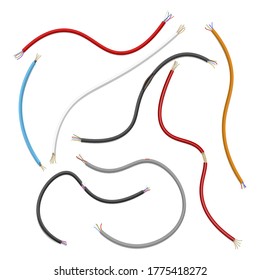 Cables multicolor ripped realistic set. Electrical conductors. Insulated building industrial wire lengths, cord segments. Vector ripped cables collection isolated on white background.