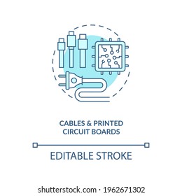 Cables and printed circuit boards concept icon. E-waste component idea thin line illustration. Metal scraps. Hazardous, toxic components. Vector isolated outline RGB color drawing. Editable stroke