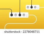 Cables from several extension cords, electrical wires and chargers on a yellow background. Cable clutter. Cable management. Electric socket and many plugs with wires. Flat design. Vector illustration