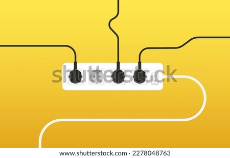 Cables from several extension cords, electrical wires and chargers on a yellow background. Cable clutter. Cable management. Electric socket and many plugs with wires. Flat design. Vector illustration