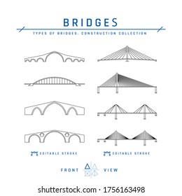 Cable-stayed and arched bridges. Set of outline icons with editable stroke. Types of bridges collection. Vector illustration isolated on a white background.