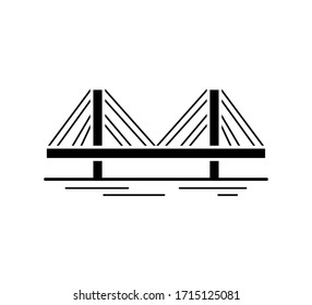 Cable-stayed bridge black silhouette icon isolated on white background. Urban architecture. Vector illustration.
