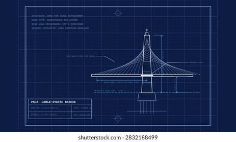 Cable-stayed bridge construction plan blueprint technical drawing engineering sketch architectural design professional documentation