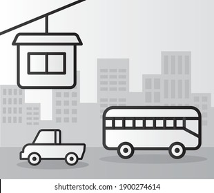 cable con iconos de estilo de línea de bus y auto diseño de ilustración vectorial