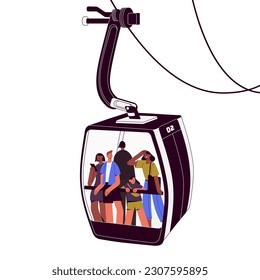 Cableway con gente parada dentro, mirando. Turistas en una cabina de vidrio con carruaje de peaje. Camión de cable con pendant sobre cable, cuerda. Ilustración vectorial gráfica plana aislada en fondo blanco