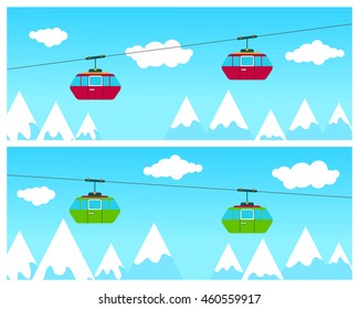 Cableway cabins going above winter time ski resort with people skiing, mountains and clouds