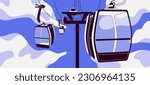 Cableway with empty cabins, air cars. Carriages, cablecars of aerial tram. Transparent glass touristic transport with cable gondolas hanging on rope, cord, wire in sky, cloud. Flat vector illustration