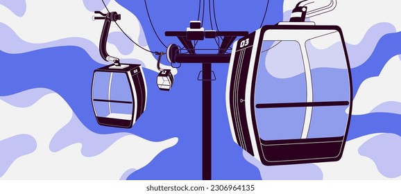 Cableway with empty cabins, air cars. Carriages, cablecars of aerial tram. Transparent glass touristic transport with cable gondolas hanging on rope, cord, wire in sky, cloud. Flat vector illustration